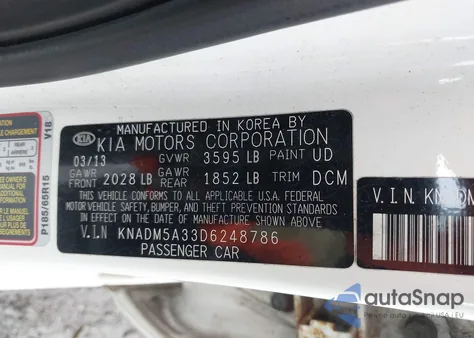 2013 Kia Rio Lx из США, поврежденный, VIN KNADM5A33D6248786